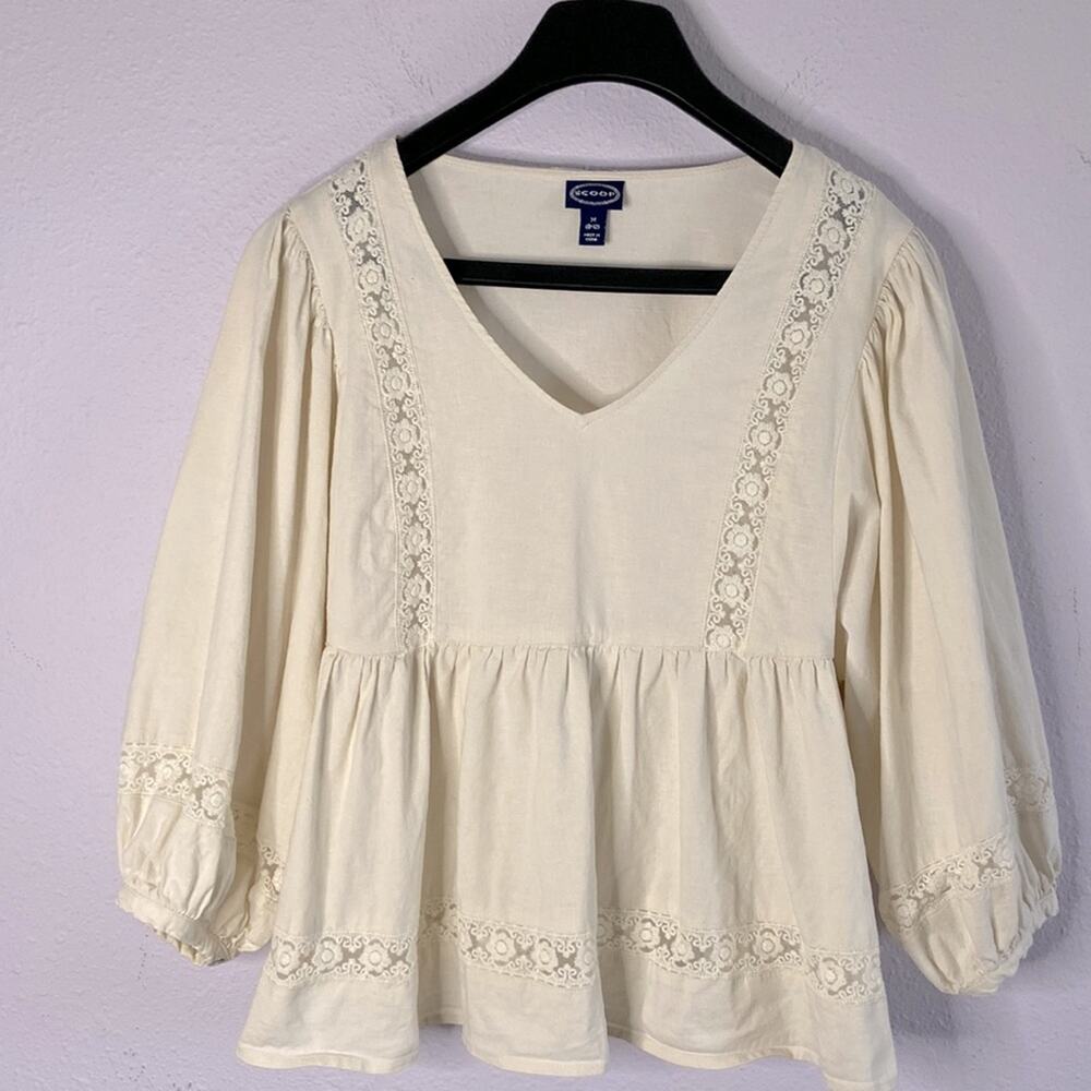 Scoop Women Beige Linen Blend Lace 3/4 Dolman Sleeve Boho Style Blouse Size M